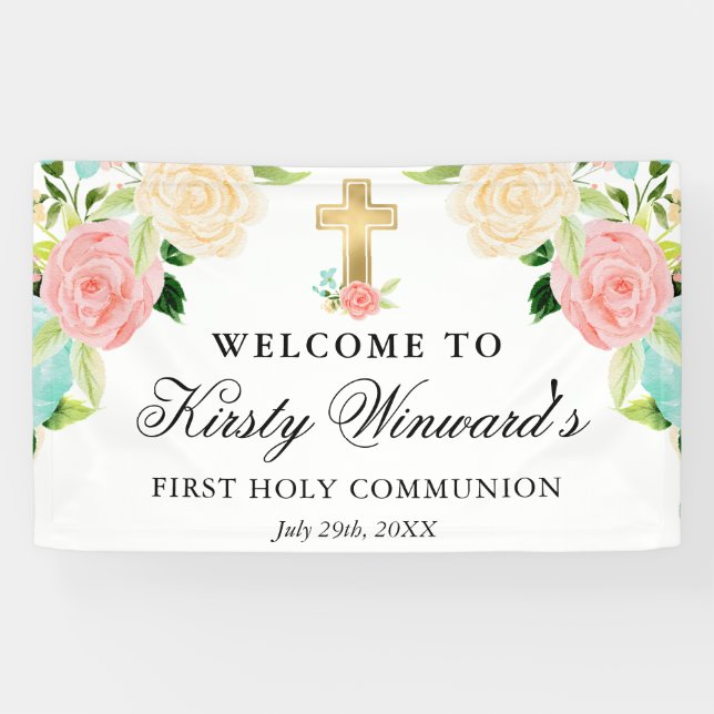 Rosa und Minze Blume Erste Heilige Kommune Banner (Horizontal)