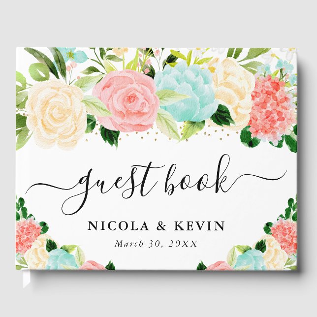 Rosa und Minze Blume Goldrahmen Hochzeit Gästebuch (Vorderseite)