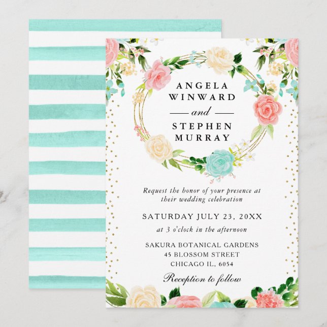 Rosa und Minze-Blume-Wraath-Hochzeit Einladung (Vorne/Hinten)