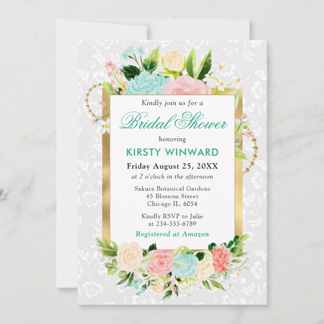 Rosa und Minze Sommer Blume Gold Brautparty Einladung (Vorderseite)