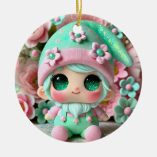 Rosa und minzgrün Niedliches Genom mit Blume Keramik Ornament