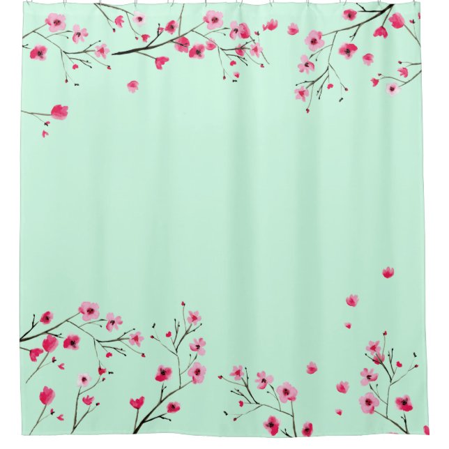 Rosa und Minzgrün - Wasserfarben-Kirschblüten Duschvorhang (Vorderseite)