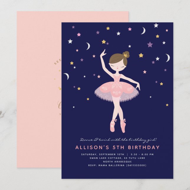 Rosa und Navy Ballerina Geburtstag Einladung (Vorne/Hinten)