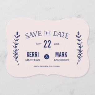 Rosa und Navy Blue Laurels Save the Date Karte