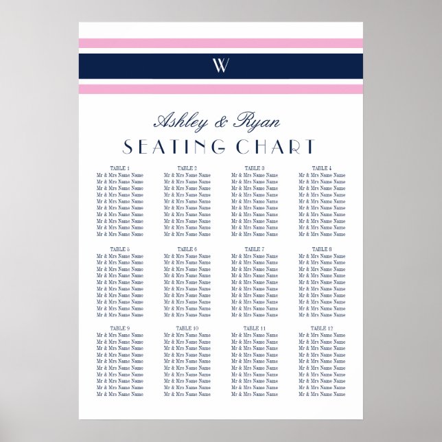 Rosa und Navy Blue Zwölf Tischkarten Poster (Vorne)