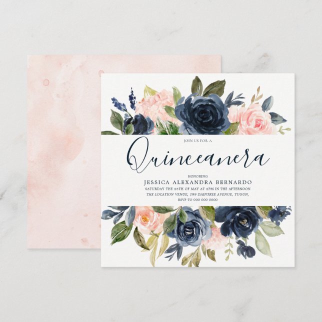Rosa und Navy Blüten Quinceanera Einladung (Vorne/Hinten)