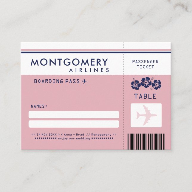 Rosa und Navy Hibiskus Boarding Pass-Sitzkarte Platzkarte (Vorderseite)