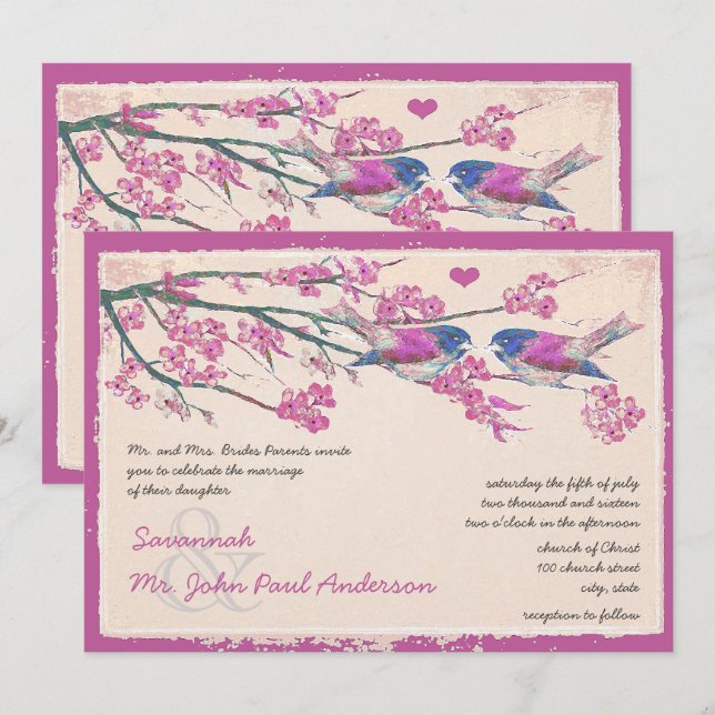 Rosa und Navy Love Bird Cherry Blossom Hochzeit Einladung (Vorne/Hinten)
