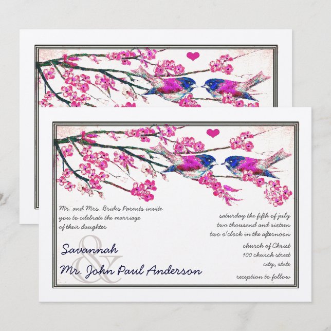 Rosa und Navy Love Bird Cherry Blossom Hochzeit Einladung (Vorne/Hinten)