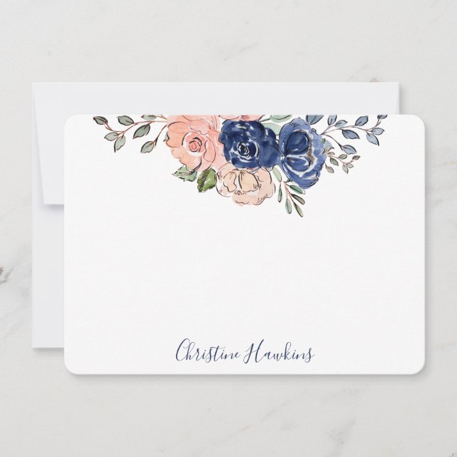 Rosa und Navy Wasserfarbenblüte Personalisiert Mitteilungskarte (Vorderseite)