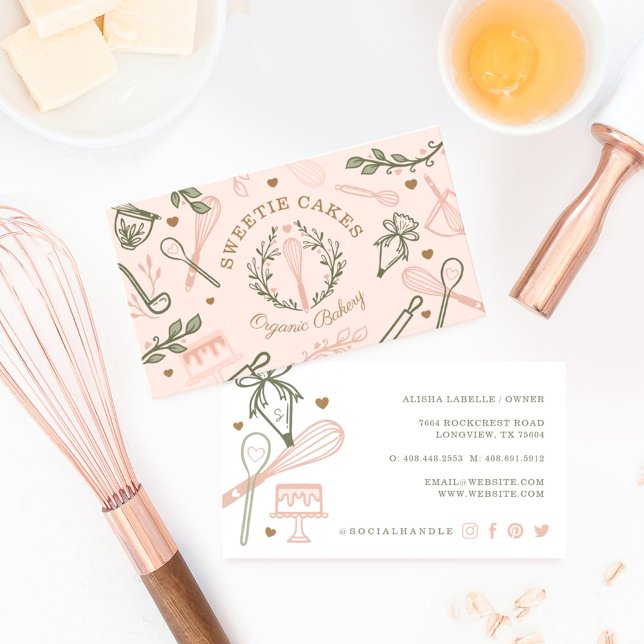 Rosa und Olivgrün Backen & Kochen Utensidische Bäc Visitenkarte (Von Creator hochgeladen)