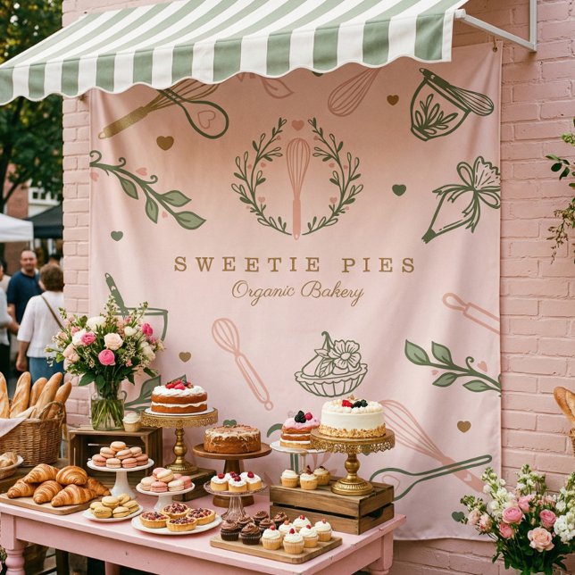 Rosa und Olivgrün Backen & Kochen Utensidische Bäc Wandteppich (Pink & Olive Green Baking & Cooking Utensil Bakery Tapestry)