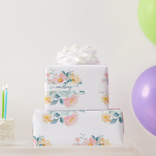 Rosa und orange Aquarell Blumen personalisiert Geschenkpapier