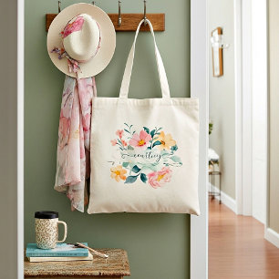 Rosa und orange Aquarell Blumen personalisiert t Tragetasche