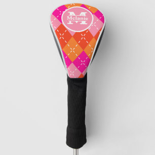 Rosa und orange Golfende Raute Preppy Personalisie Golf Headcover