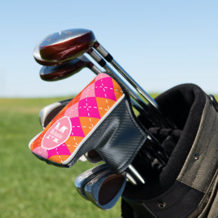 Rosa und orange Golfende Raute Preppy Personalisie Golf Headcover
