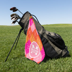 Rosa und orange Golfende Raute Preppy Personalisie Golfhandtuch