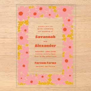 Rosa und orange groovy Blüten Boho-Hochzeit Acryleinladungen