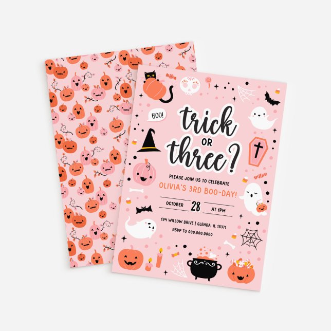 Rosa und Orange Halloween 3. Geburtstag Einladung (Pink and Orange Halloween 3rd Birthday Invitation )