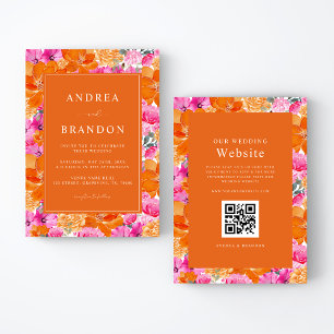Rosa und Orange   Lebhafter Garten   QR Code Weddi Einladung