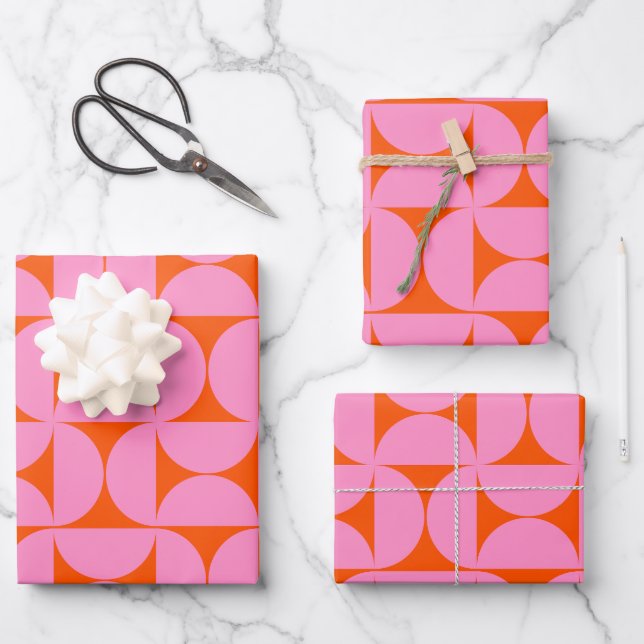 Rosa und orange Mitte des Jahrhunderts Modernes Mu Geschenkpapier Set (Vorderseite)