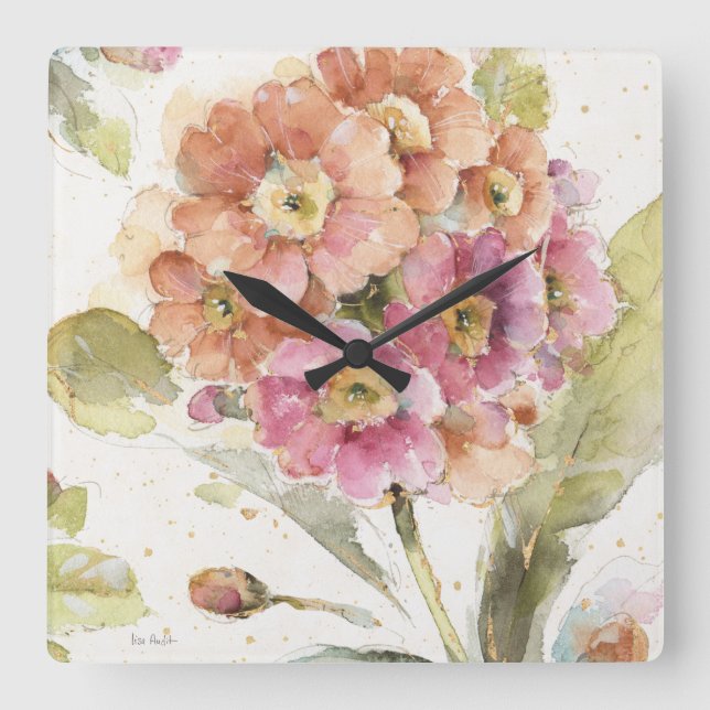 Rosa und Orange Primrose Quadratische Wanduhr (Vorderseite)