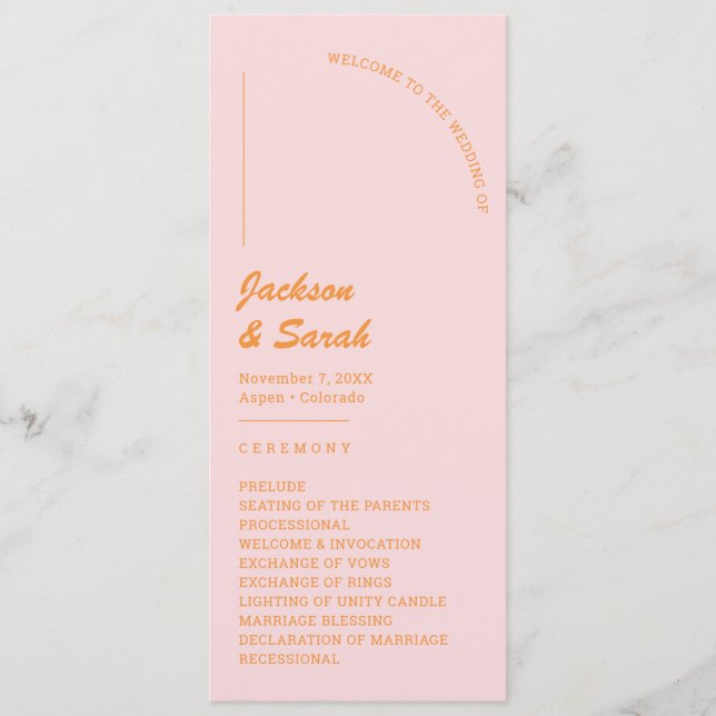 Rosa und orange Retro Disco Hochzeit Programm (Vorderseite)
