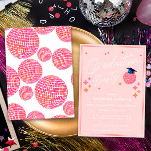Rosa und Orange Retro Disco-Kugel Abschlussfeier Einladung