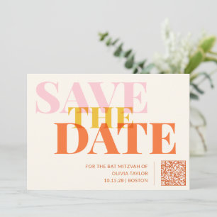 Rosa und Orange Retro moderne Bat Mitzvah QR-Code Save The Date
