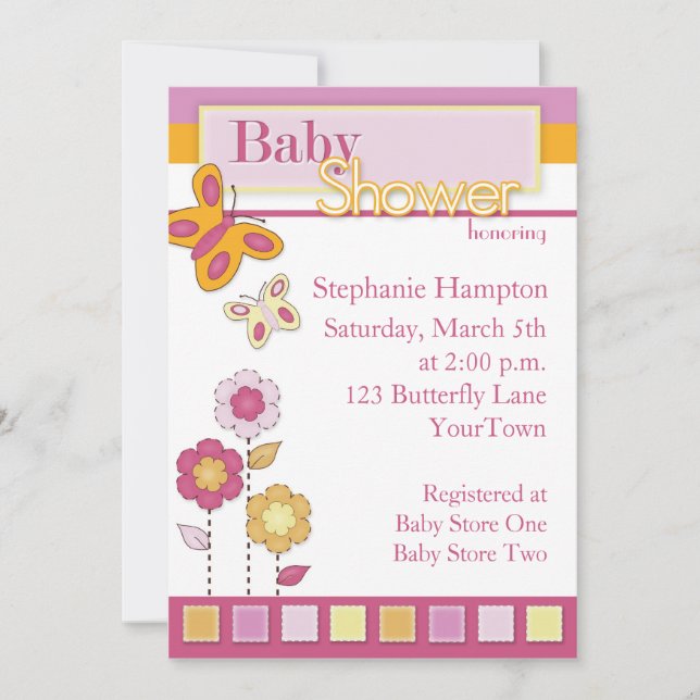 Rosa und orange Schmetterlings-Babyparty-Einladung Einladung (Vorderseite)
