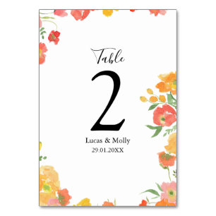 Rosa und Orange Sommer Blumen Hochzeit Tischnummer