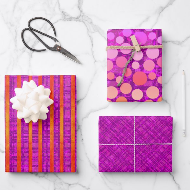 Rosa und Orange, Streifen, Kariert, Polka-Punkte Geschenkpapier Set (Vorderseite)