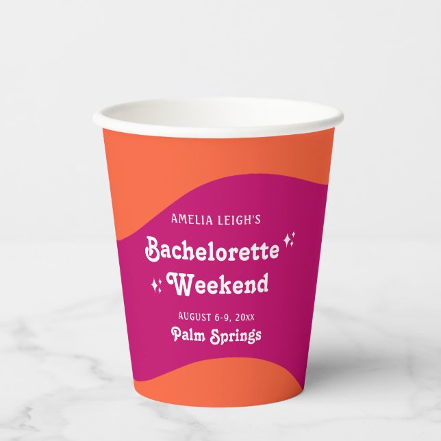 Rosa und orange Sunset Retro Bacheloretto Wochenen Pappbecher (Vorderseite)