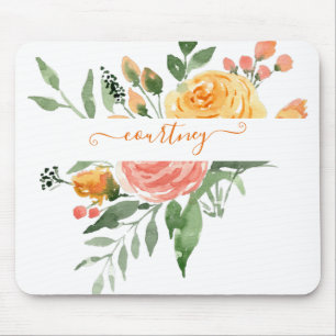Rosa und orange Wasserfarbe floral personalisiert  Mousepad