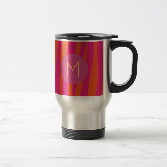 Rosa und orange Zebra Streifen Moderne Monogramme Reisebecher (Rechts)
