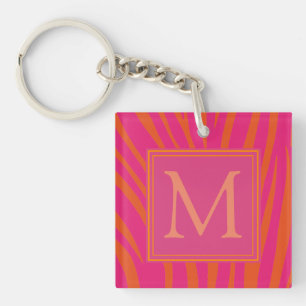 Rosa und orange Zebrastreifen Monogramm Schlüsselanhänger