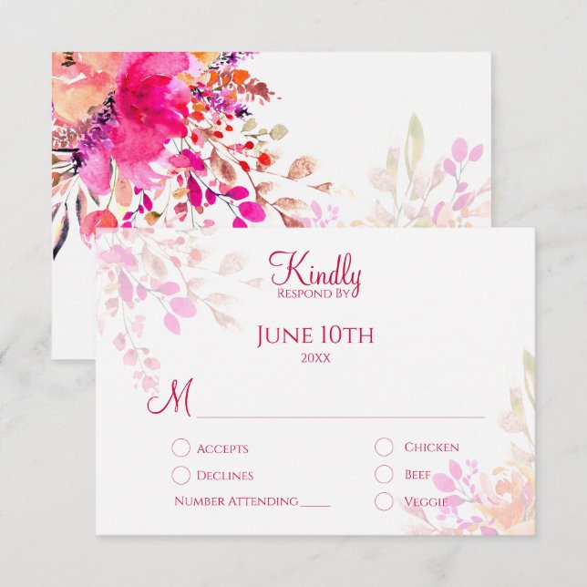 Rosa und orangefarbene Blume Elegante Hochzeit RSVP Karte (Vorne/Hinten)