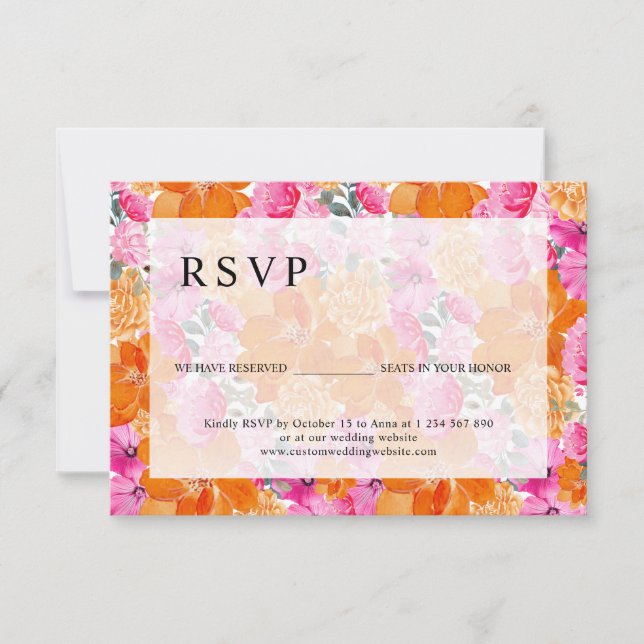 Rosa und orangefarbene Blumensitze zu Ehren reserv RSVP Karte (Vorderseite)