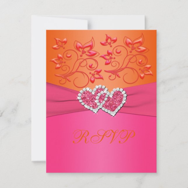 Rosa und orangefarbene, mit Blumen verbundene Herz RSVP Karte (Vorderseite)