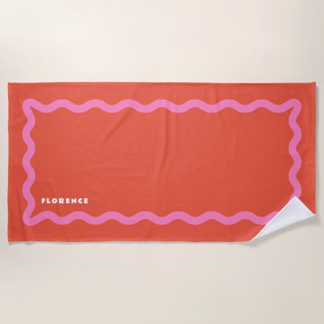 Rosa und orangefarbene Quadgel mit Text Strandtuch (Vorderseite)