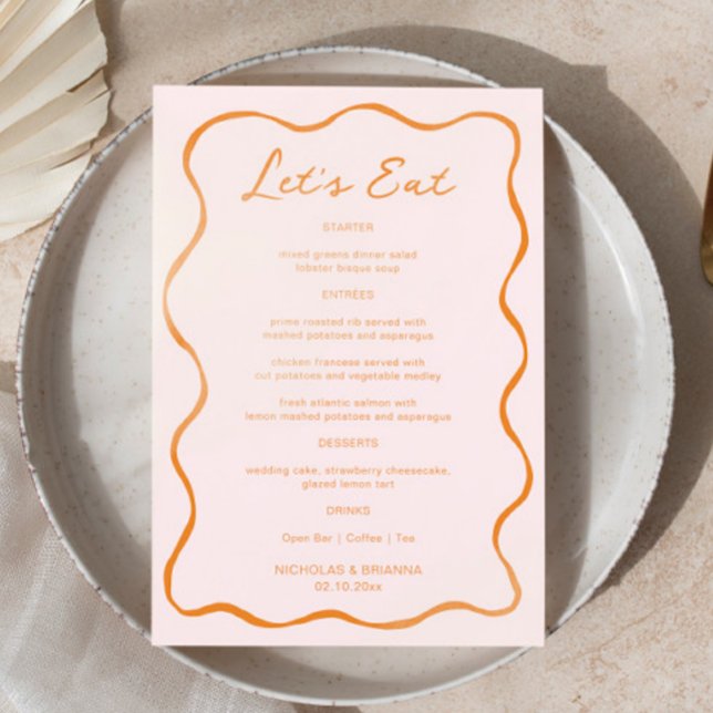 Rosa und orangefarbene Wave Wedding Menükarte (Von Creator hochgeladen)