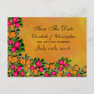 Rosa und orangefarbene Wildblumen beim Hochzeitsta Ankündigungspostkarte