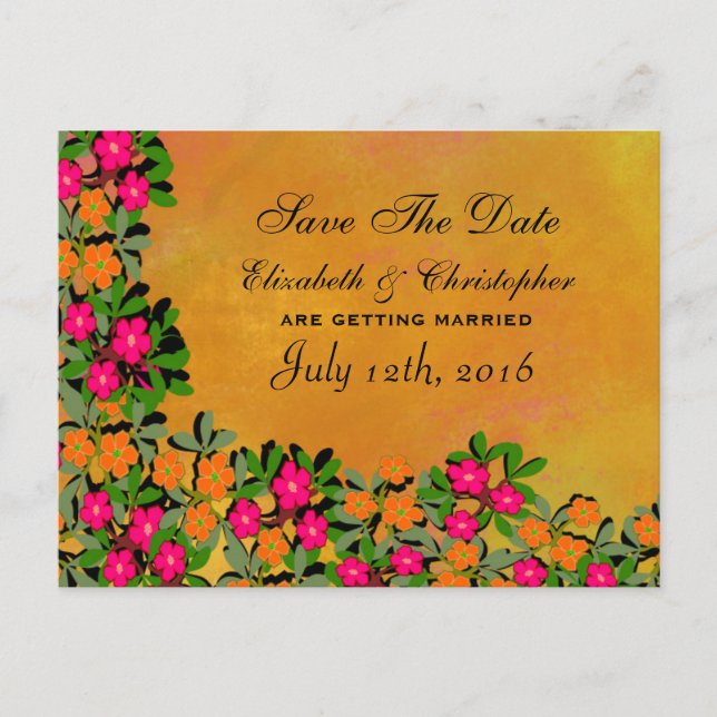 Rosa und orangefarbene Wildblumen beim Hochzeitsta Ankündigungspostkarte (Vorderseite)