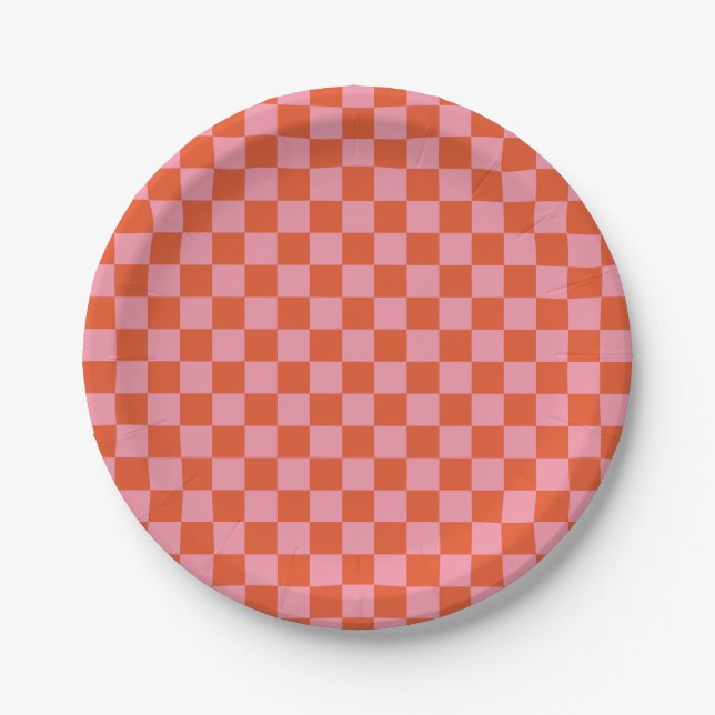 Rosa und orangefarbener Karo Pappteller (Vorderseite)