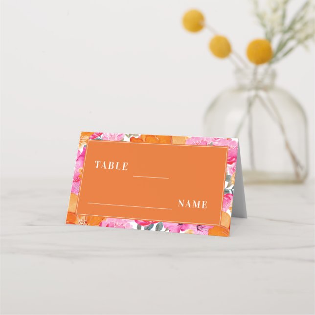 Rosa und orangefarbener Sommergarten Hochzeitstisc Platzkarte (Vorderseite)