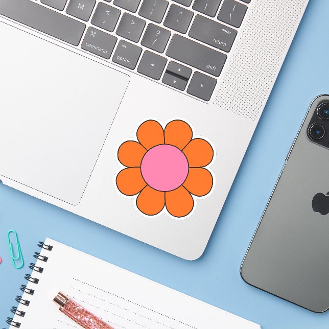 Rosa und orangefarbenes Hippie-Retro Daisy Aufkleber (Laptop mit iPhone)