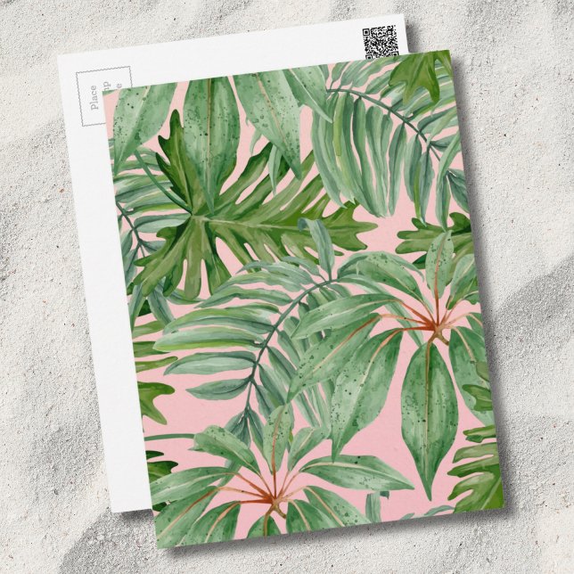 Rosa und Palmblättriges tropisches Muster Postkarte (Pink Palm Leaf Floral Pattern Tropical Postcard)