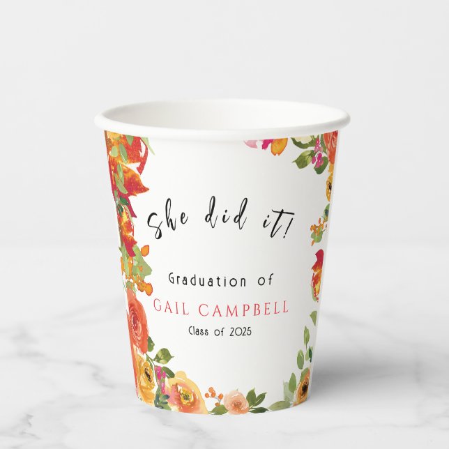 Rosa und pfirsiche Aquarellblumen Pappbecher (Vorderseite)