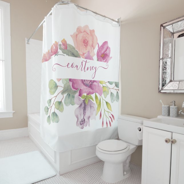 Rosa und pfirsiche Aquarellblumen personalisiert Duschvorhang (Beispiel)
