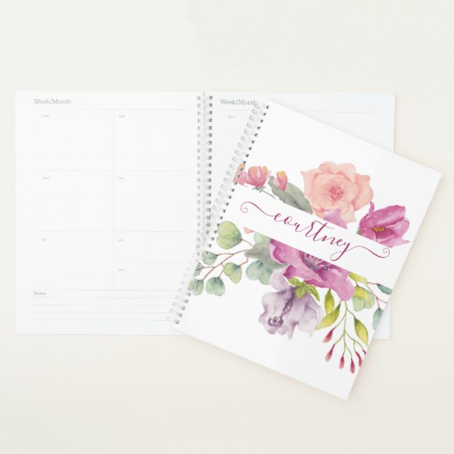 Rosa und pfirsiche Aquarellblumen personalisiert Planer (Anzeige)